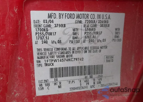 2004 Ford F-150 Fx4/Lariat/Xlt from USA, damaged, VIN 1FTPW14574KC79742